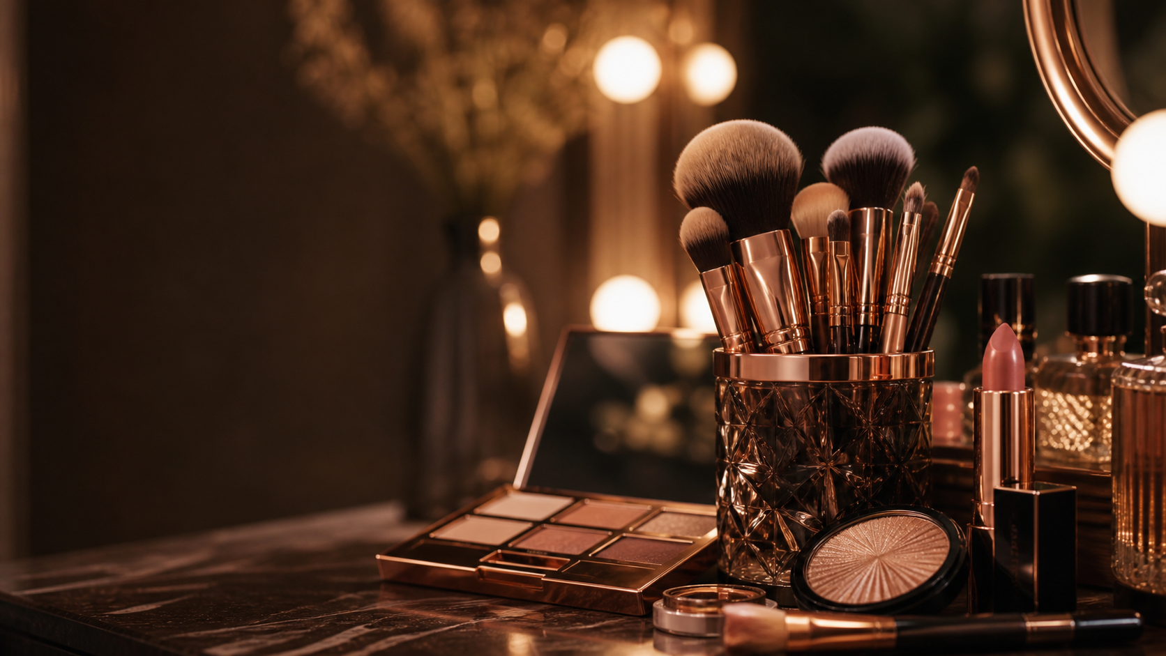 Luxury makeup brushes and beauty tools on a vanity